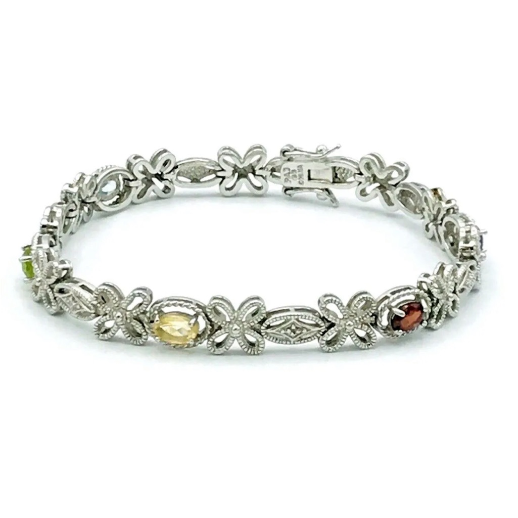 Vintage Paj Bb China Silver Tone Floral Gemstone Bracelet
